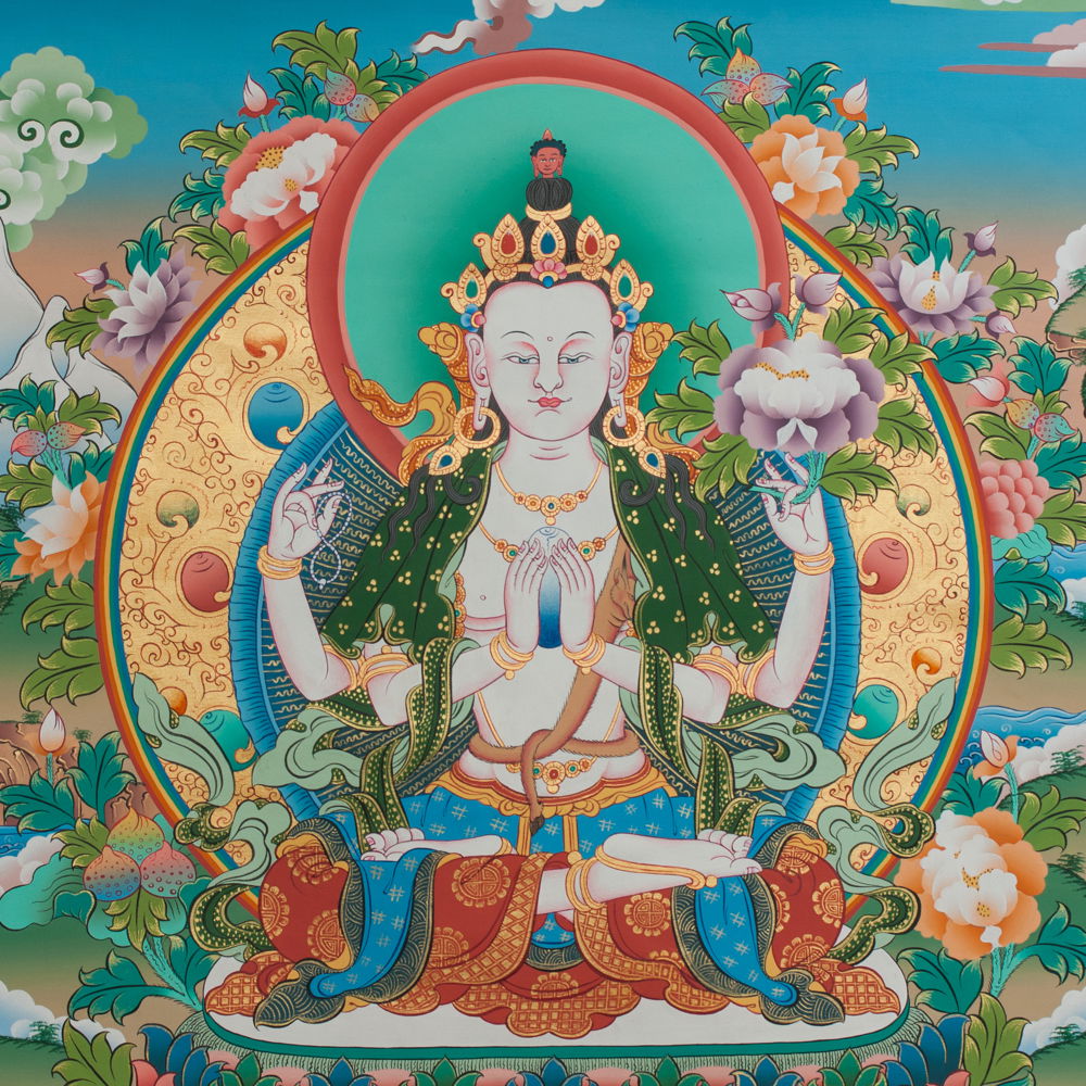 Thangka "Avalokitesvara" aka Chenrezik, Real Tibetan painting on canvas, image size 47x67 cm / 18,5 x 26,4 inches | Buddhist Art