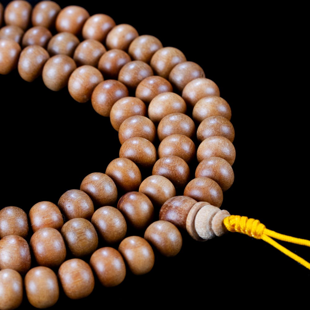 Traditional Tibetan 108-beads Mala, made from white sandalwood | Diameter — 8.0 mm | Buddhist malas collection, Yellow string