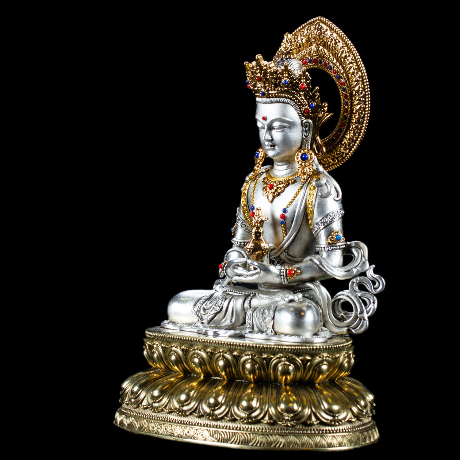 Statue of Amitayus (Buddha of Longevity, Tsepame) | Silver Plated, height 16.5 cm