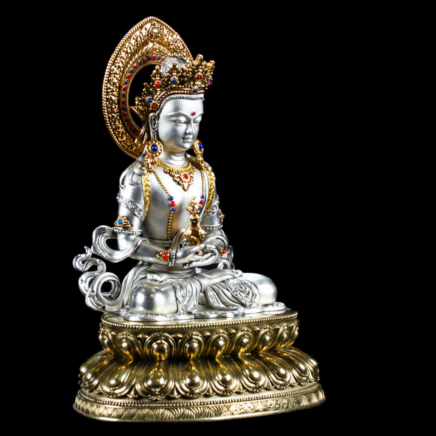 Statue of Amitayus (Buddha of Longevity, Tsepame) | Silver Plated, height 16.5 cm