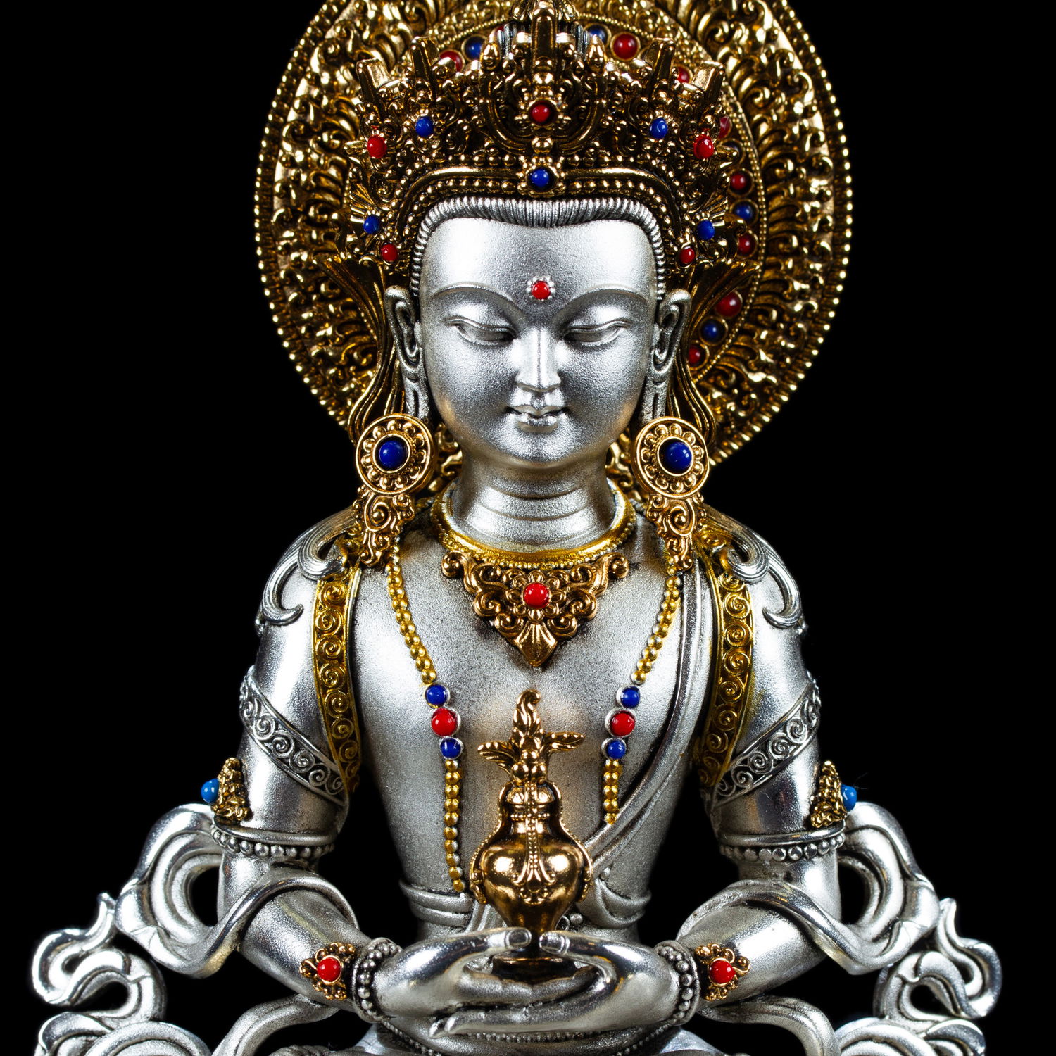 Statue of Amitayus (Buddha of Longevity, Tsepame) | Silver Plated, height 16.5 cm