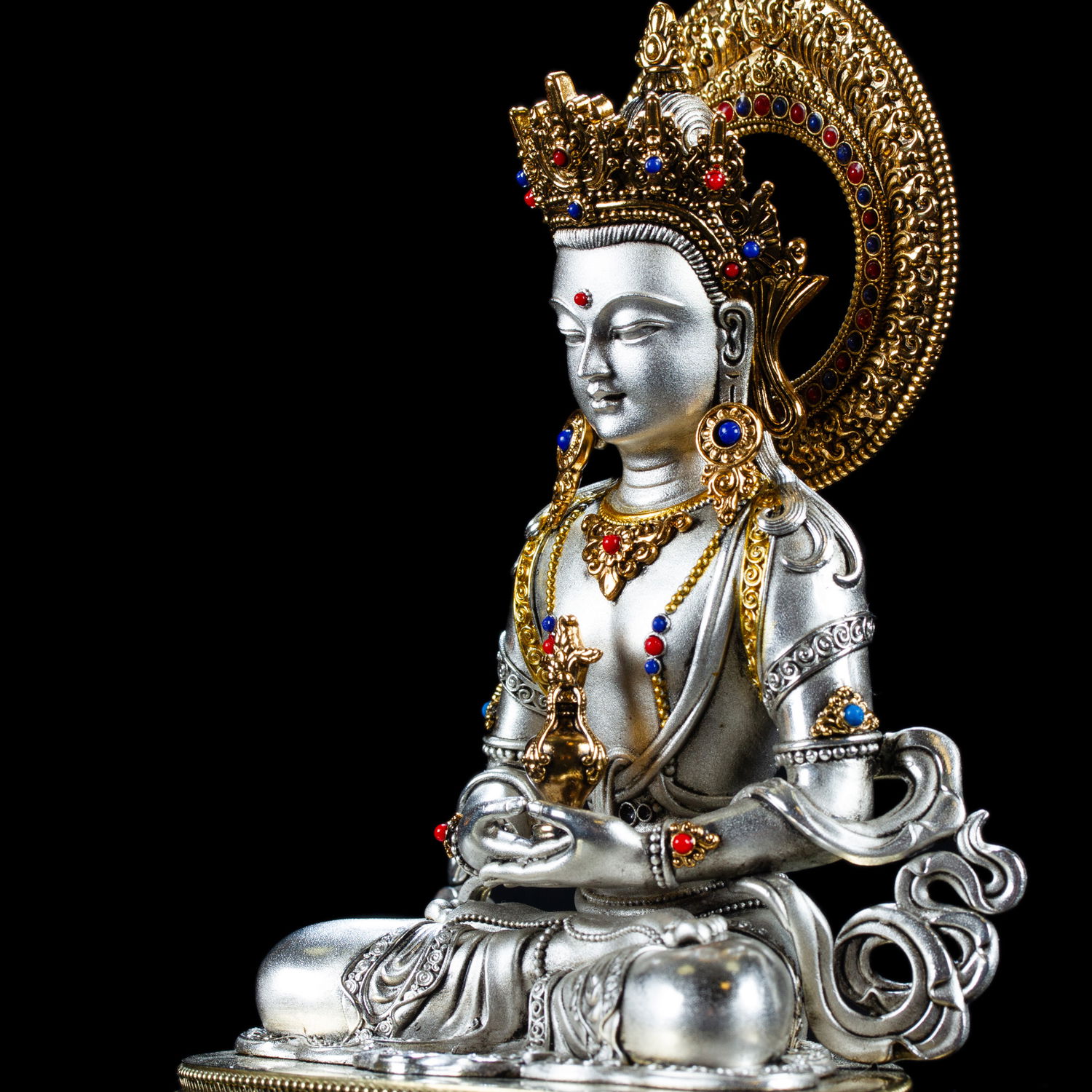 Statue of Amitayus (Buddha of Longevity, Tsepame) | Silver Plated, height 16.5 cm