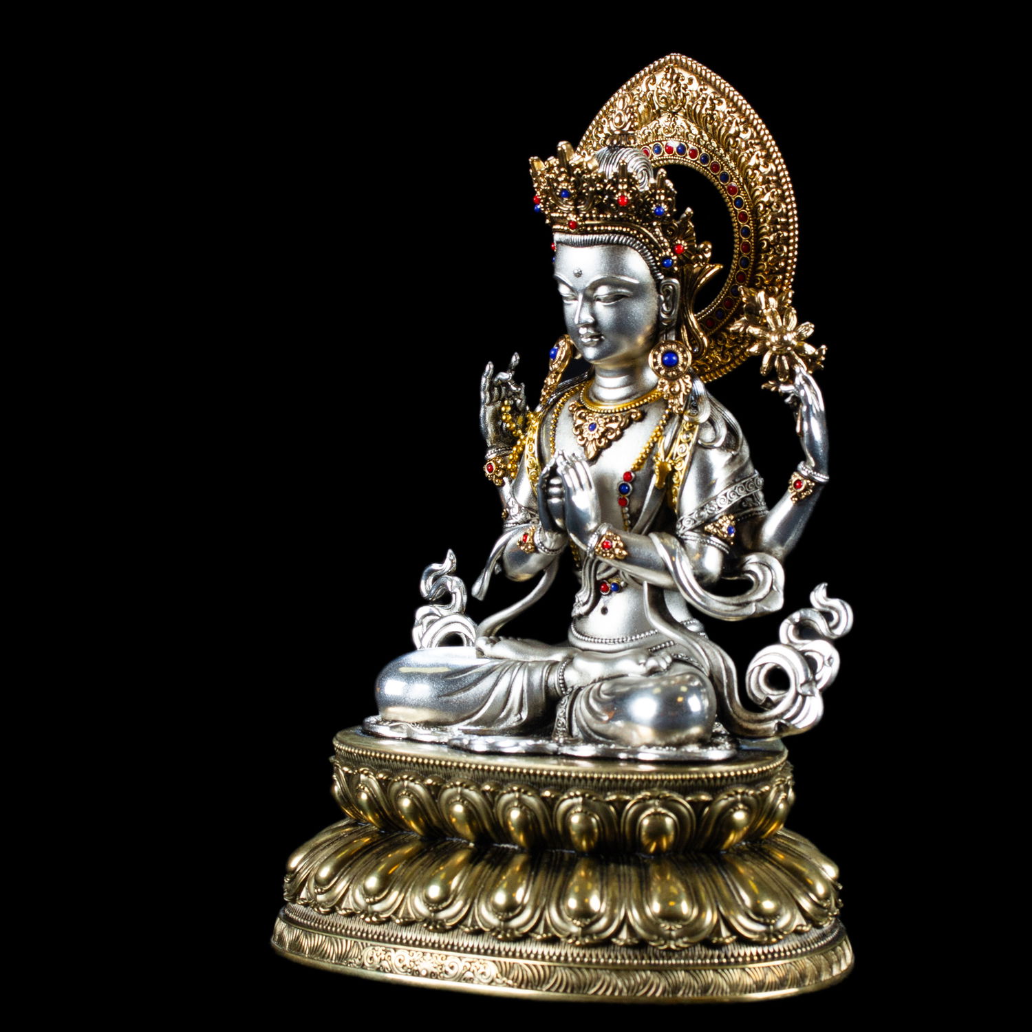 Statue of Bodhisattva Avalokitesvara (Chenrezik) | Silver Plated, height 16.5 cm