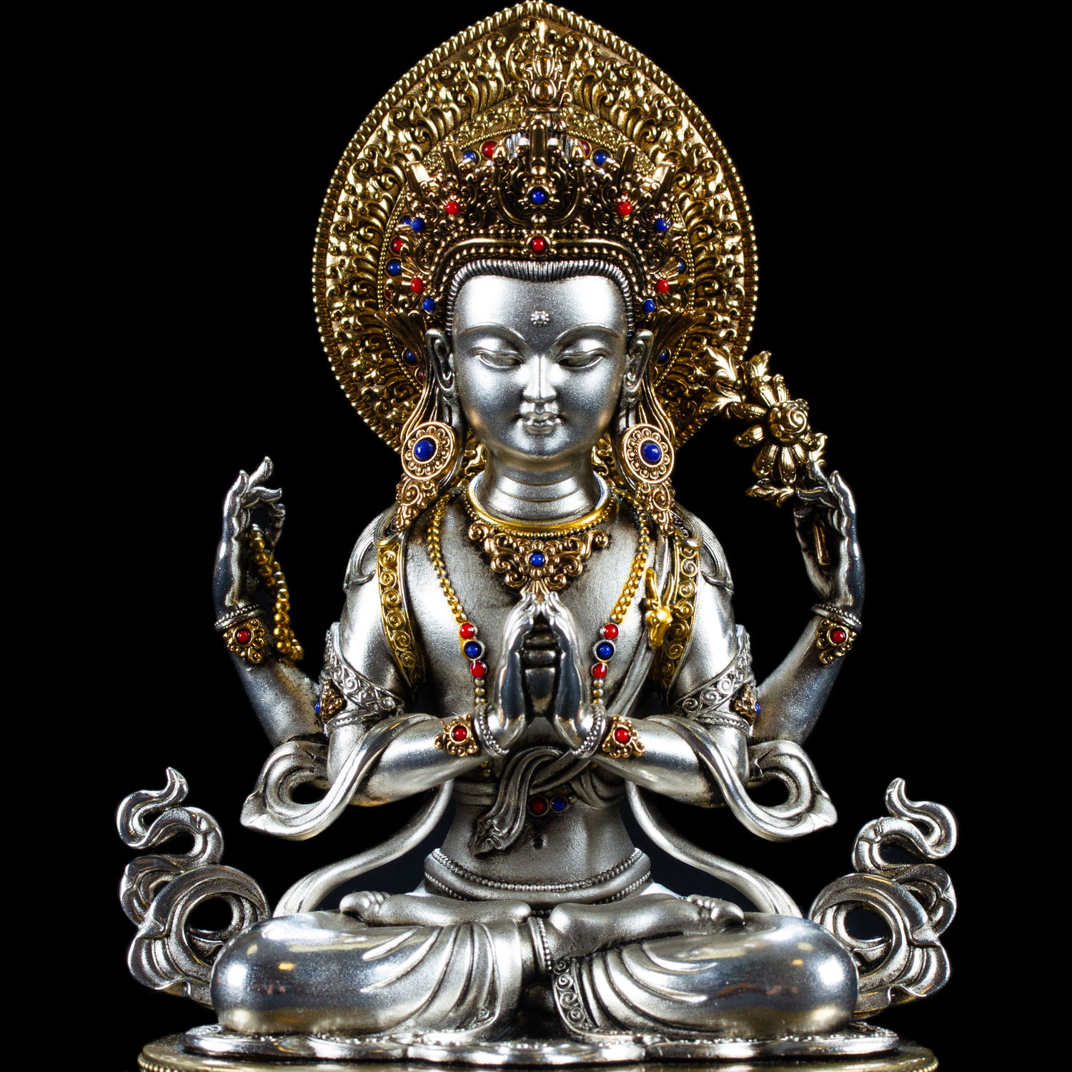 Statue of Bodhisattva Avalokitesvara (Chenrezik) | Silver Plated, height 16.5 cm
