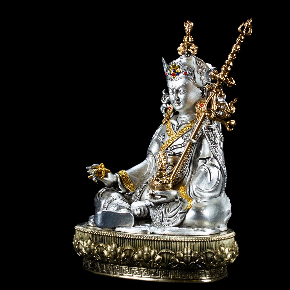 Bronze statue of Padmasambhava (“Guru Rinpoche”) | fine carving, silver plated, height 15.5 cm