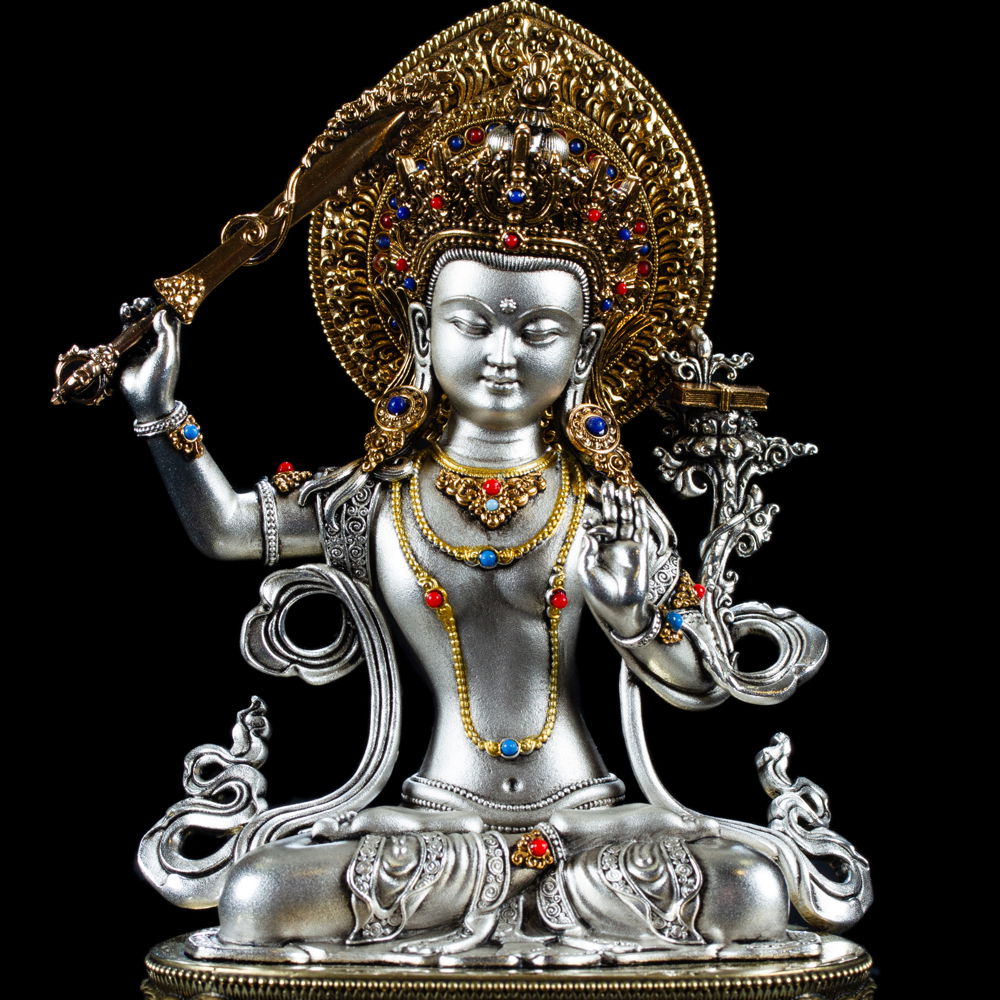 Statue of Bodhisattva of Wisdom Manjushree (Jampel) | Silver Plated, height 16.5 cm
