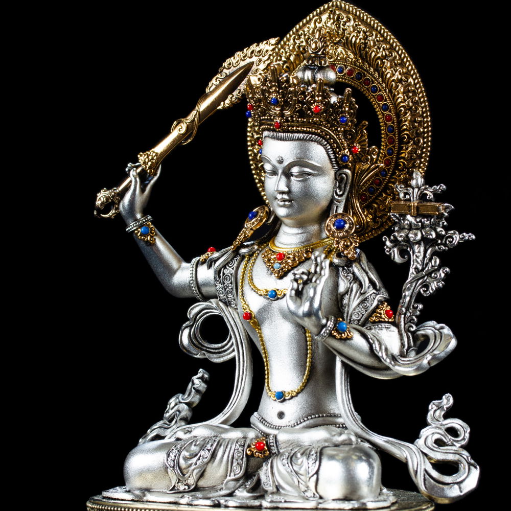 Statue of Bodhisattva of Wisdom Manjushree (Jampel) | Silver Plated, height 16.5 cm