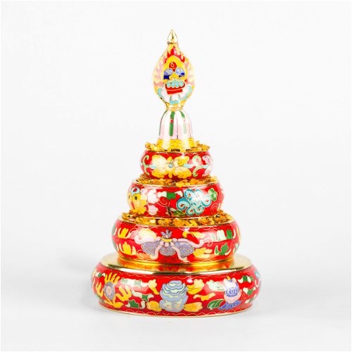 Small Mandala Set decorated with cloisonne — 20.5 cm, red color