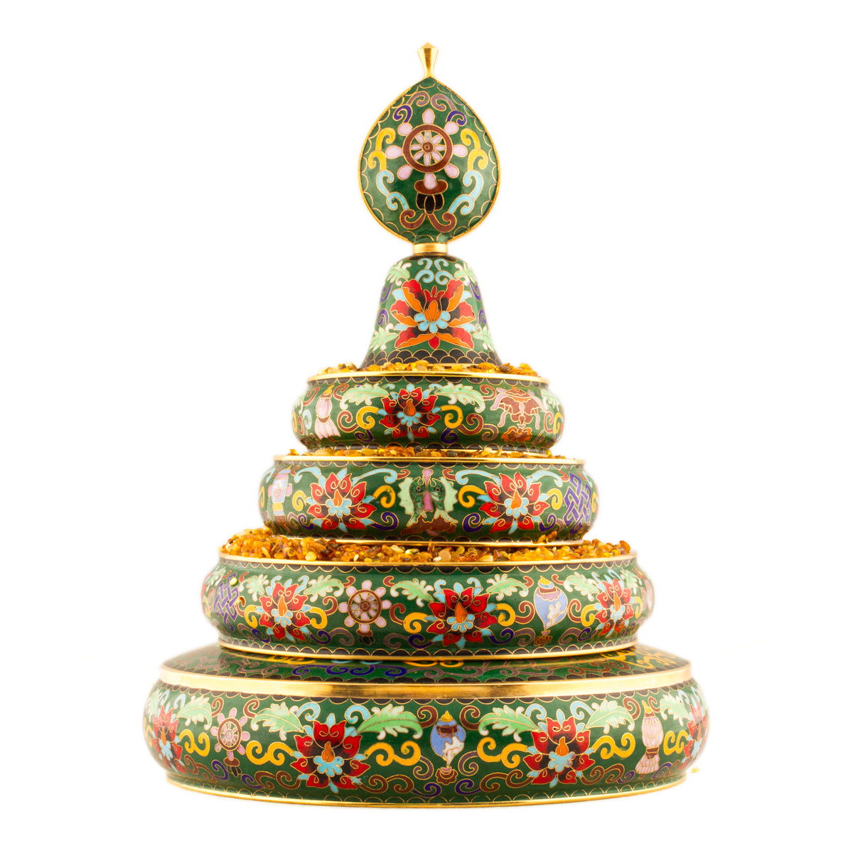 Buddhist Mandala Set decorated with Ashtamangala, big size and amazingly detailed, height — 30 cm, diameter — 21 cm. 