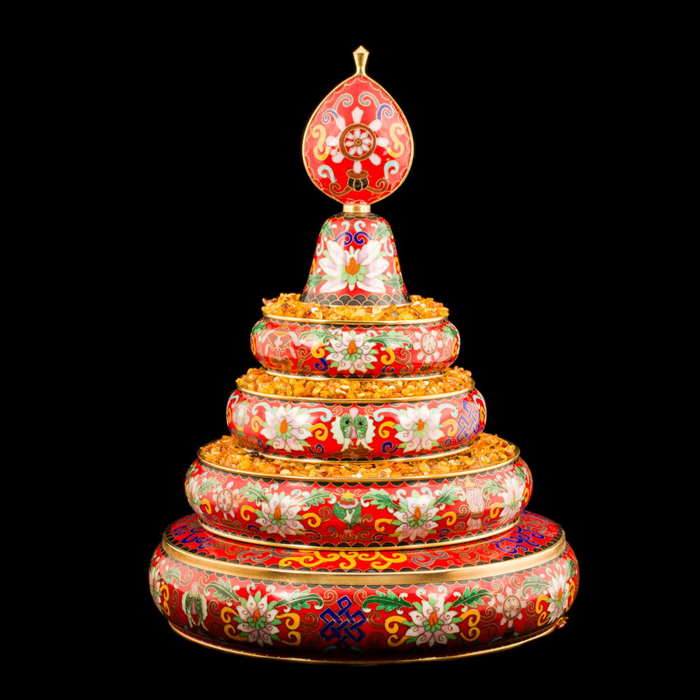 Buddhist Mandala Set decorated with Ashtamangala, big size and amazingly detailed, height — 30 cm, diameter — 21 cm, Red