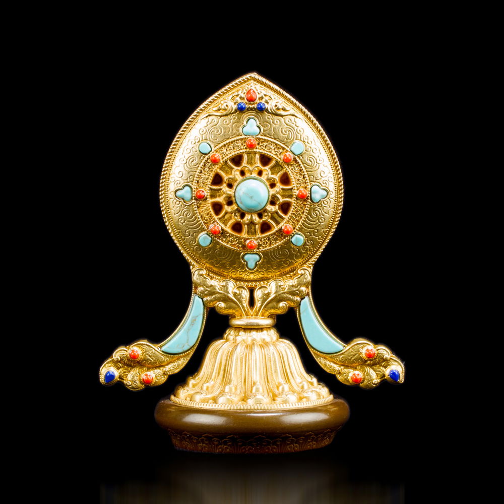 The Wheel of Dharma — Tibetan Traditional Buddhist Statue for Altar. Tiny size — 10.5 cm., Tiny