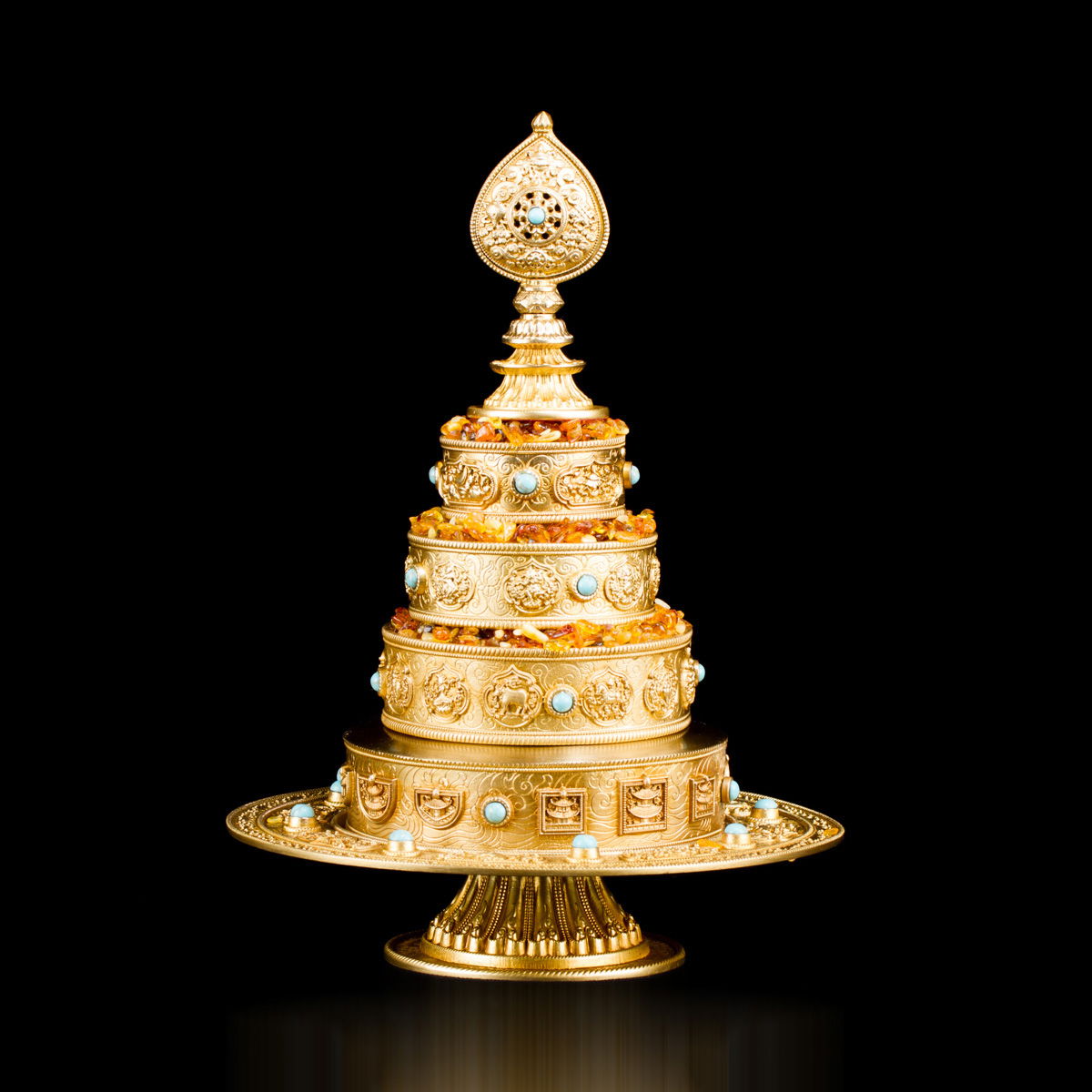 Mandala Set carved with Ashtamangala, made from copper, golden color, small size: height — 19 cm, diameter — 17,5 cm. 