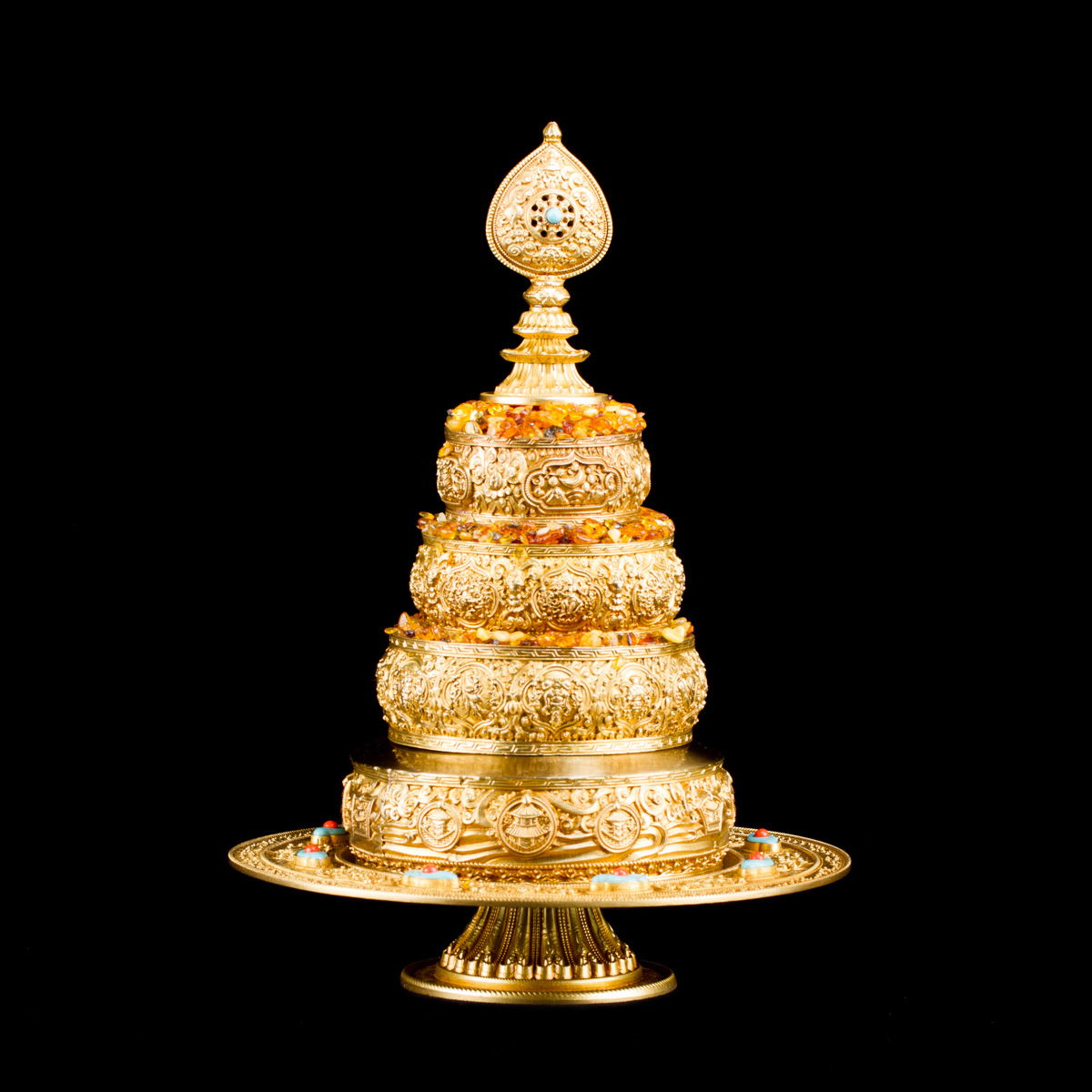 Mandala Set carved with Ashtamangala, made from copper, golden color, small size: height — 19 cm, diameter — 17,5 cm. 