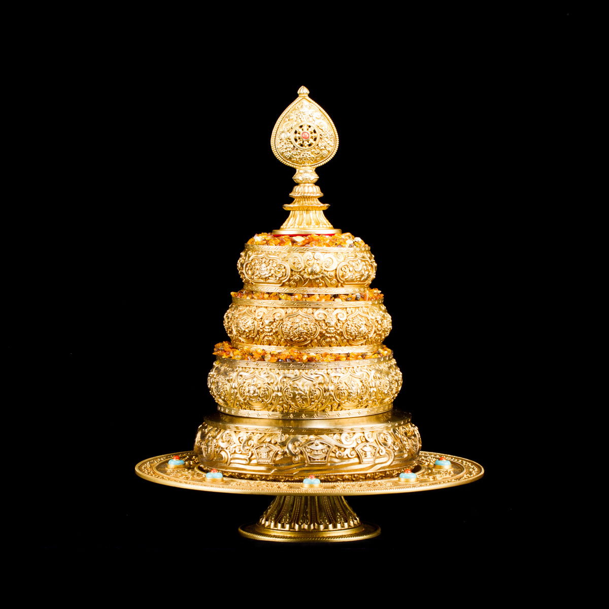 Mandala Set carved with Ashtamangala, made from copper, golden color, big size: height — 31 cm, diameter — 24 cm. 