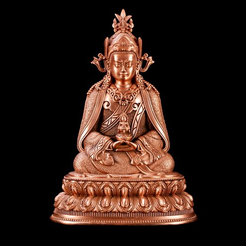 Statue of Padmasambhava “Lotus-Born” aka Guru Rinpoche in rare to find Dewa Chenpo form, height — 11.5 cm, made from copper