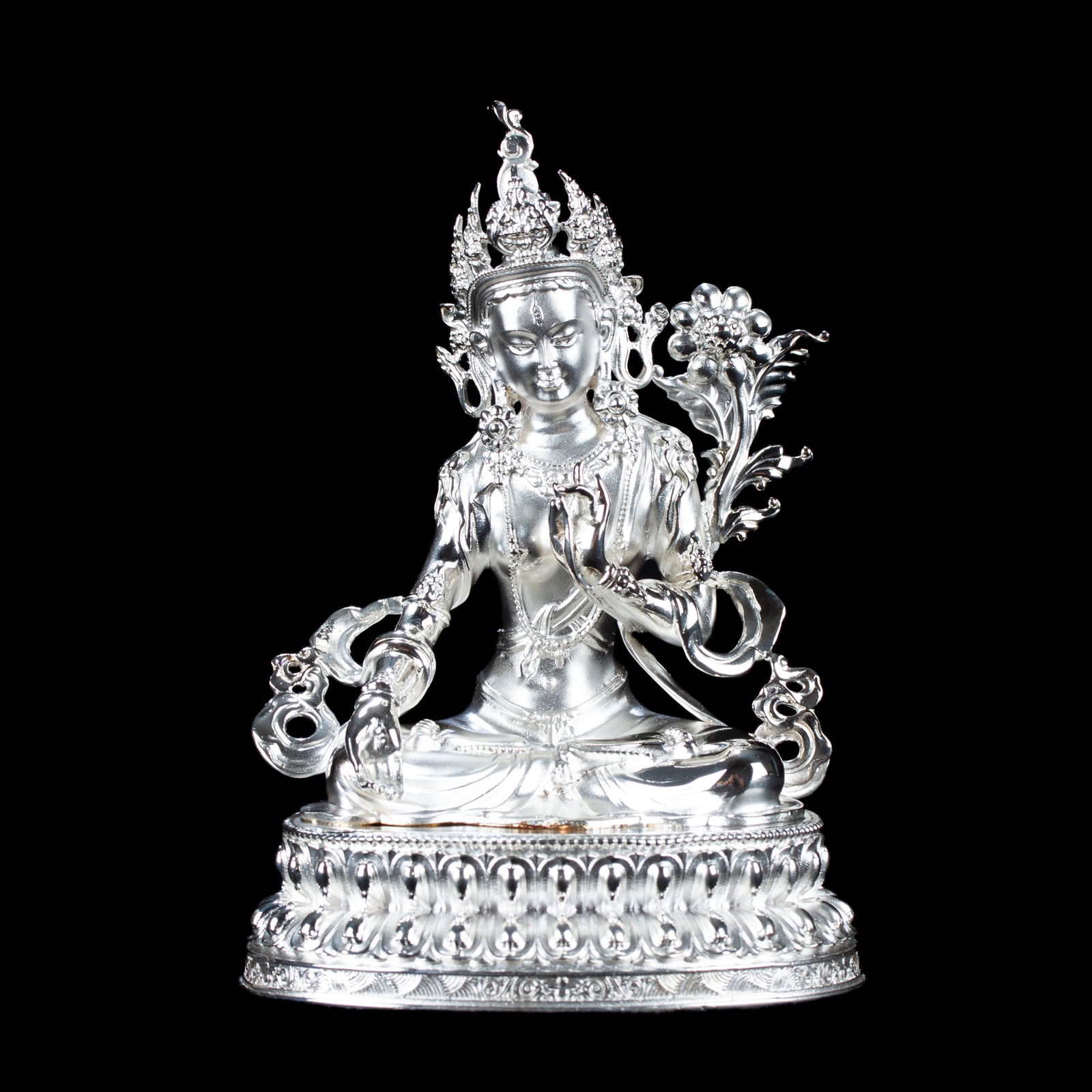 Statue of White Tara Bodhisattva of Longevity made from Sterling Silver : small perfection, height — 10.5 cm. 