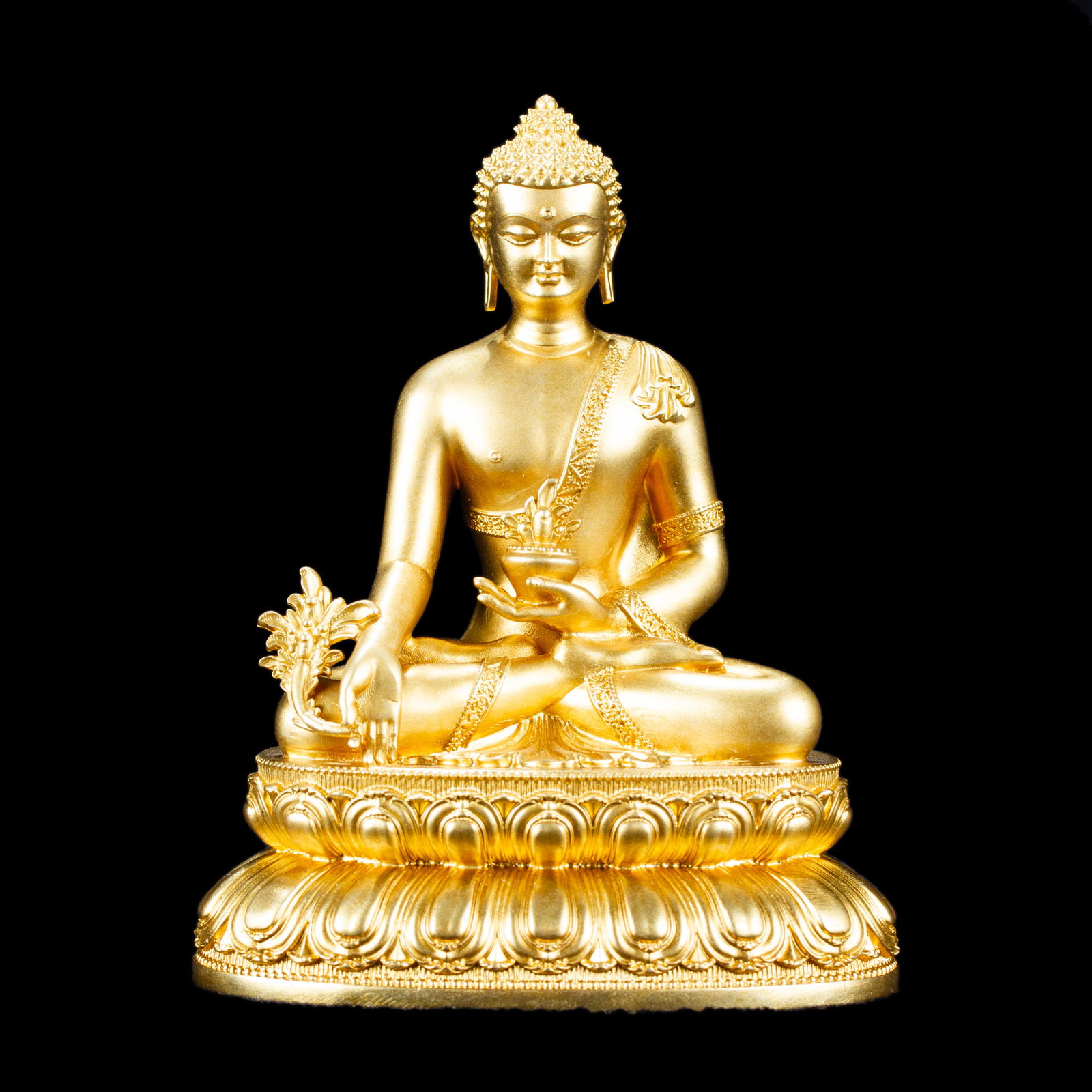 Statue of Medicine Buddha aka Menla or Bhaisajyaguru made from copper : small perfection, height — 10 cm. 