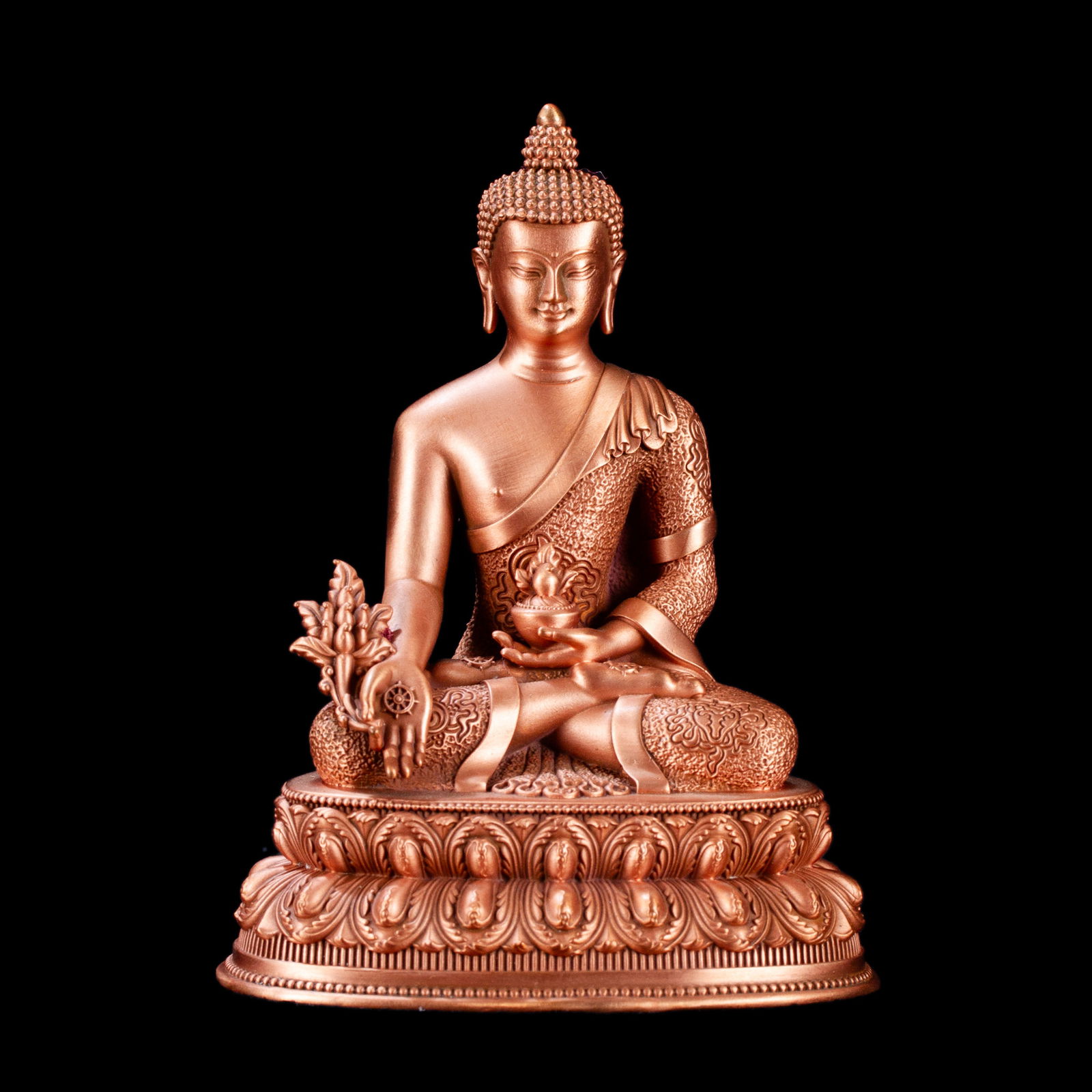 Statue of Medicine Buddha aka Menla or Bhaisajyaguru made from copper : small perfection, height — 10 cm. 