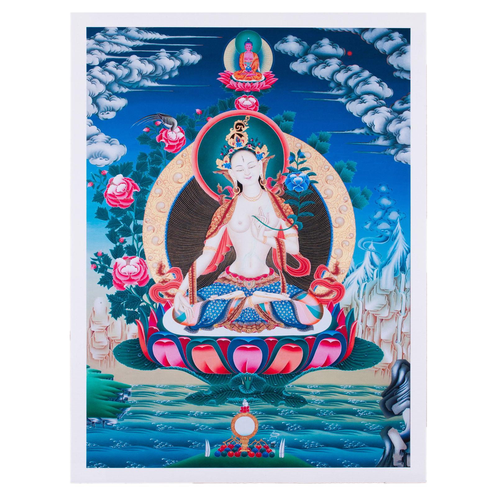 Thangka "White Tara" — high quality print on Natural Canvas — image size 30,5 x 42 cm / 12,0 x 16,5 inches. 