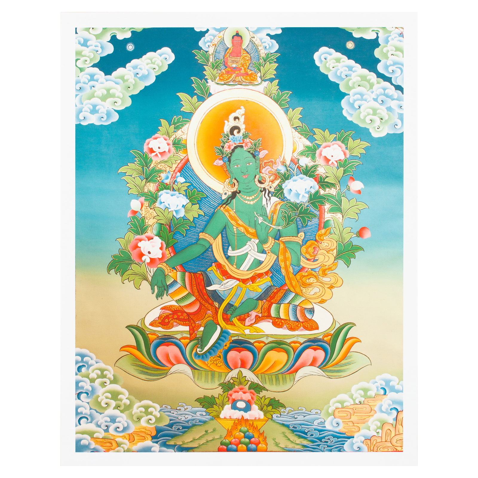 Thangka Green Tara aka Drolma — high quality print on Natural Canvas — image size 32,4 x 42 cm / 12,8 x 16,5 inches. 