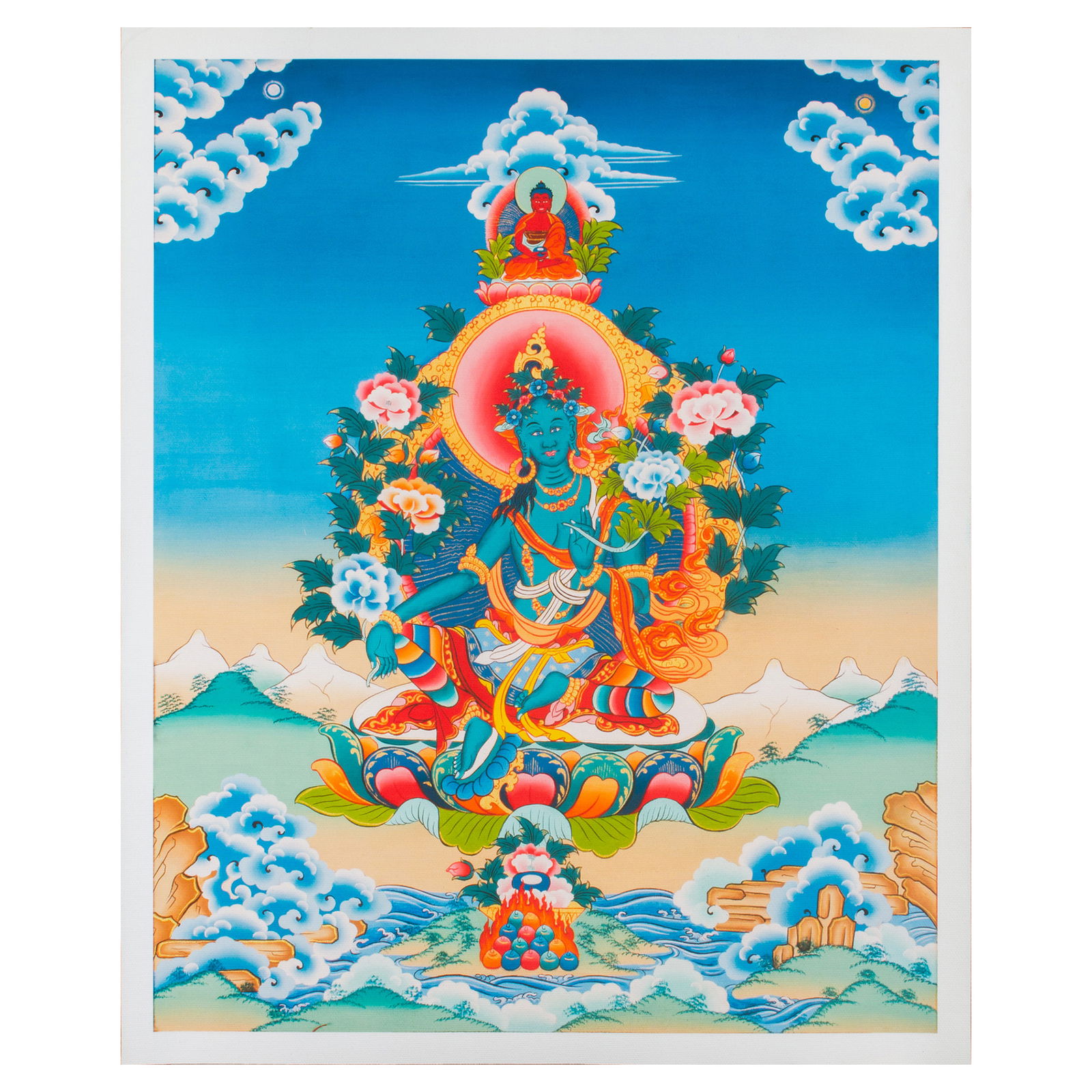 Thangka Green Tara aka Drolma — high quality print on Natural Canvas — image size 33,6 x 42 cm / 12,0 x 16,5 inches. 