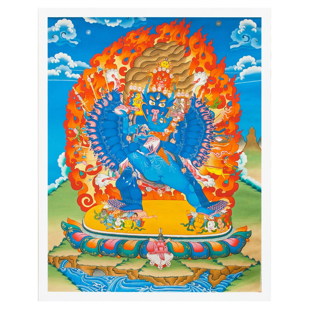Thangka Yamantaka aka Vajrabhairava or Shinje, high quality print on Natural Canvas, image size — 32,8 x 42,0 cm / 12,9 x 16,5 inches, With consort