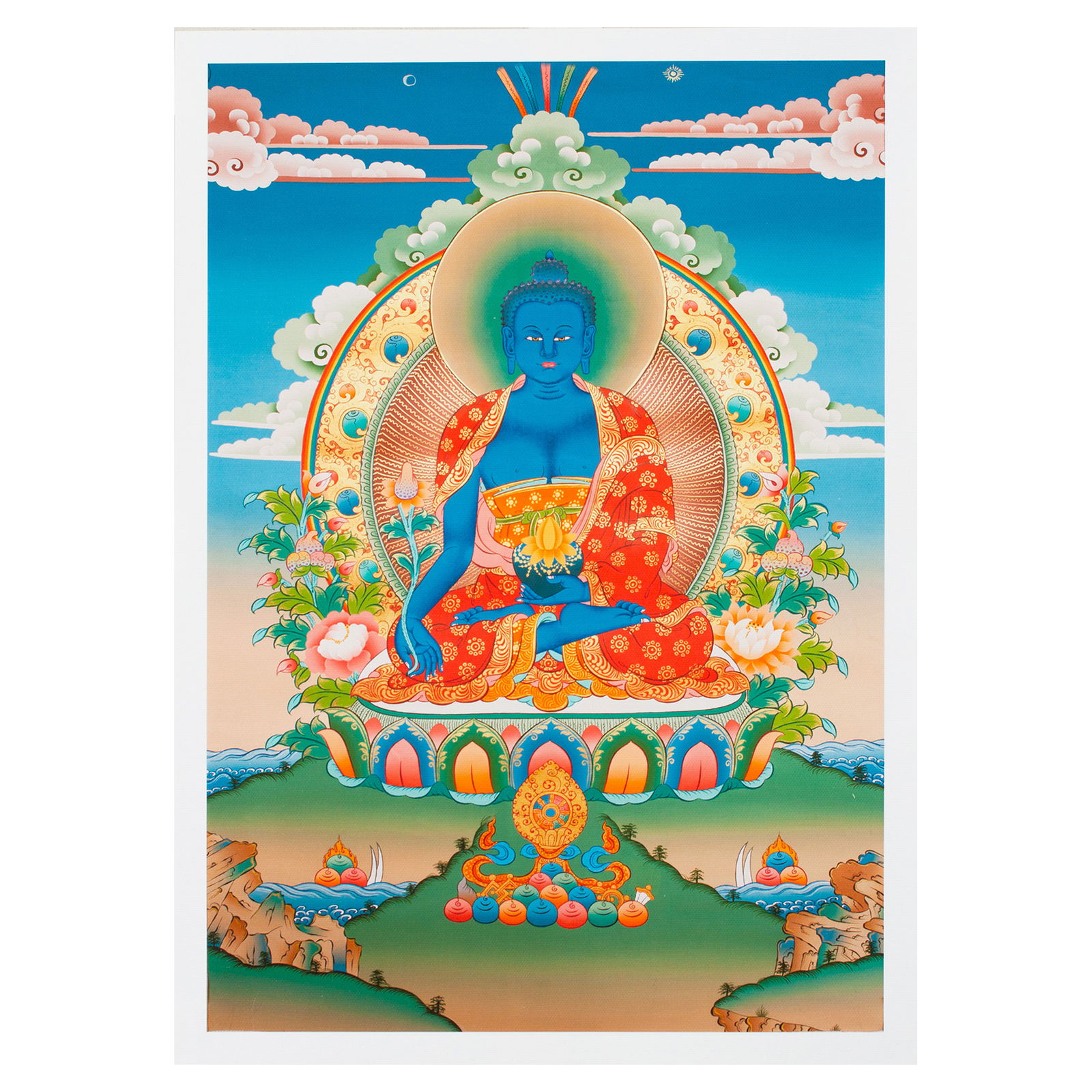 Thangka Medicine Buddha aka Bhaisajyaguru or Menla, image size — 29,3x42,0 cm / 11,5x16,5 inches. 