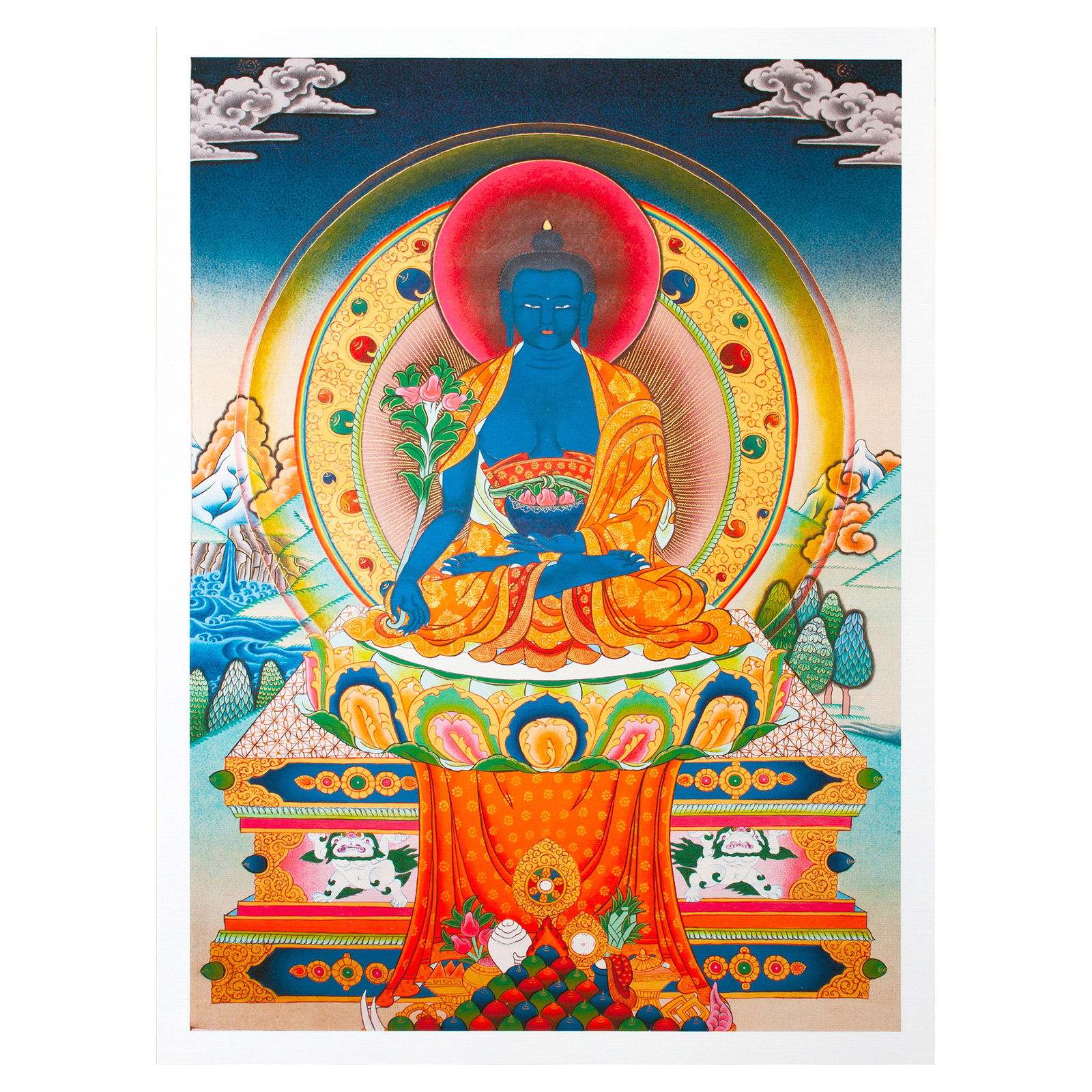 Thangka Medicine Buddha aka Bhaisajyaguru or Menla, image size — 30,9x42,0 cm / 12,2x16,5 inches. 