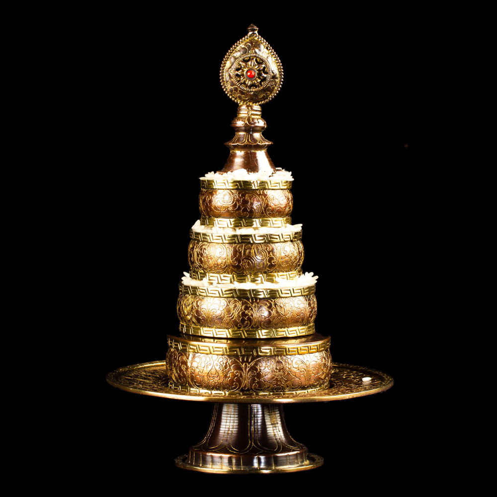 Buddhist copper Mandala Set with traditional carving, brown color | Tiny size : height — 21 cm, diameter — 13.5 cm, Tiny, 
