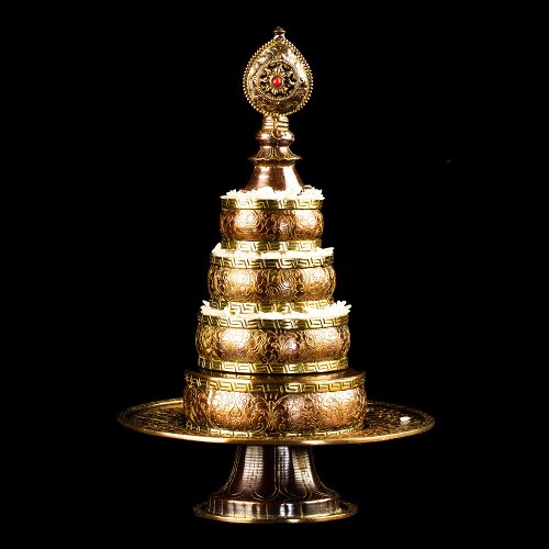 Buddhist copper Mandala Set with traditional carving, brown color | Tiny size : height — 21 cm, diameter — 13.5 cm