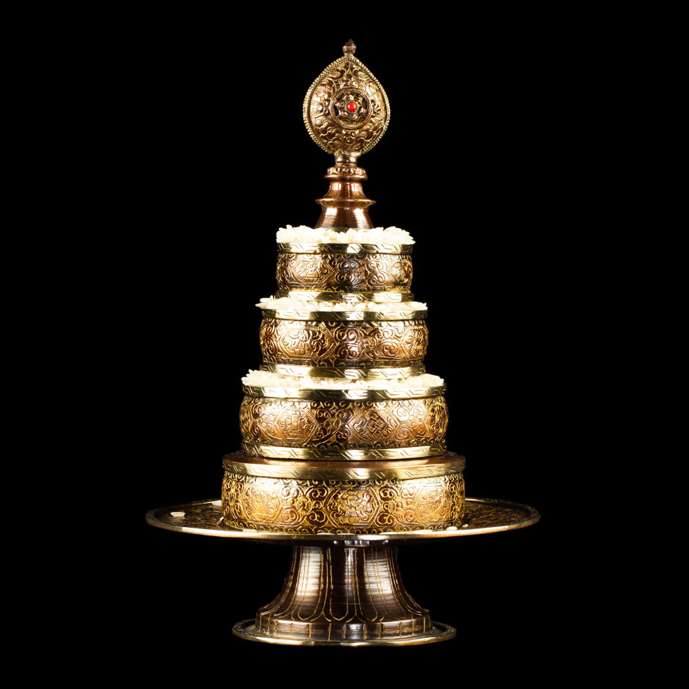 Buddhist copper Mandala Set with traditional carving, brown color | Small size : height — 25.5 cm, diameter — 16.8 cm, Small