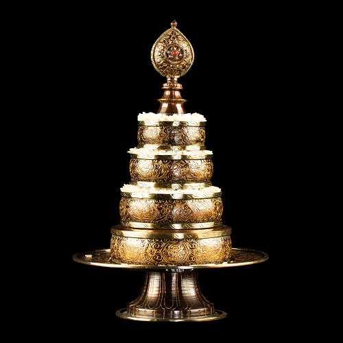 Buddhist copper Mandala Set with traditional carving, brown color | Small size : height — 25.5 cm, diameter — 16.8 cm