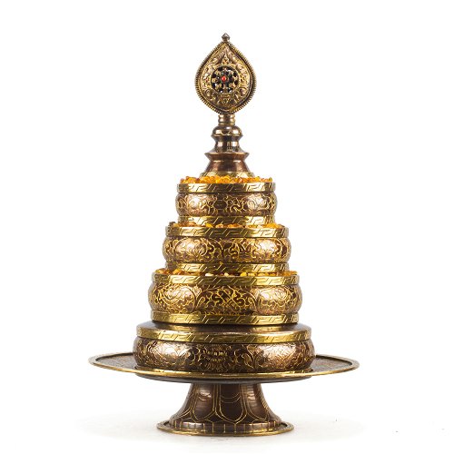 Buddhist copper Mandala Set with traditional carving, brown color | Medium size : height — 26.5 cm, diameter — 19.5 cm