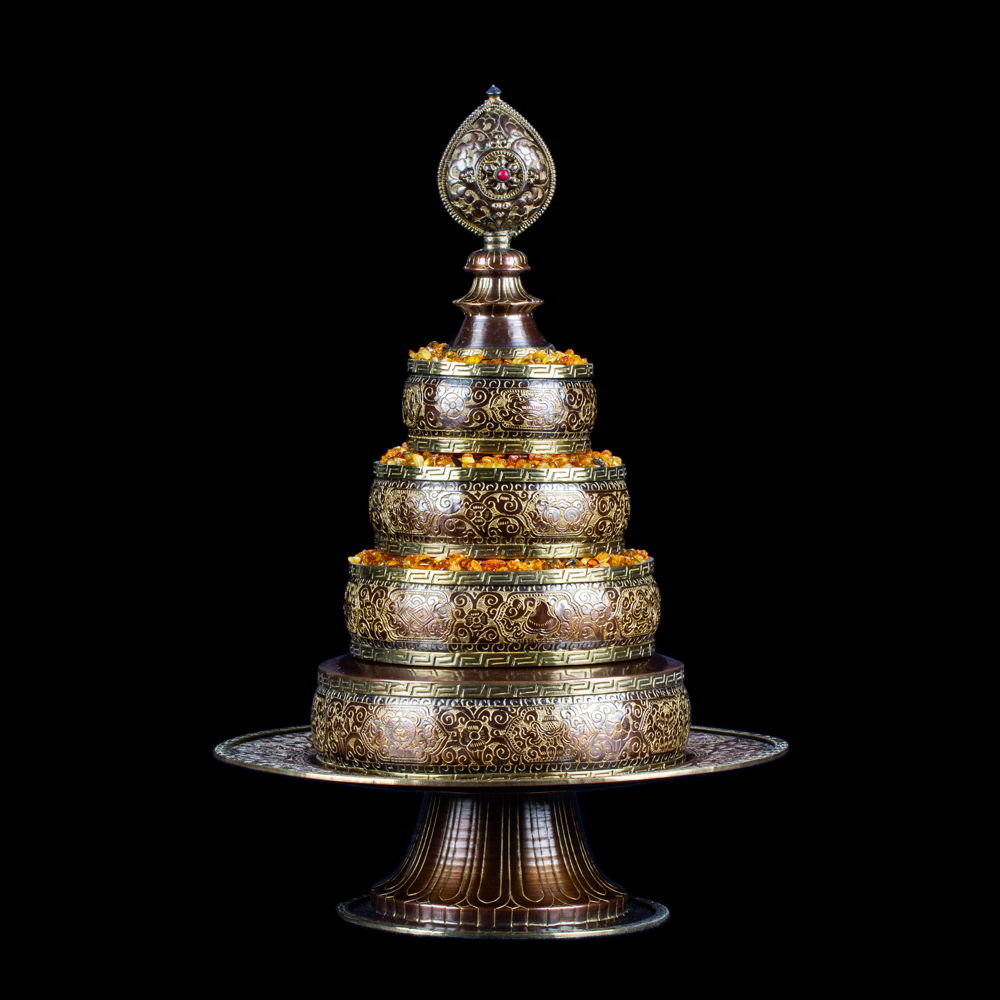 Buddhist copper Mandala Set with traditional carving, brown color | Big size : height — 33.0 cm, diameter — 24.0 cm, Big