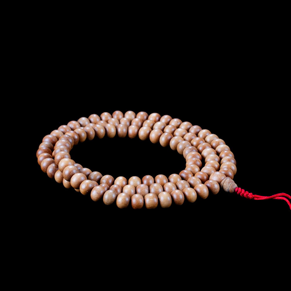 Traditional Tibetan 108-beads Mala, made from white sandalwood | Diameter — 8.0 mm | Buddhist malas collection, Red string