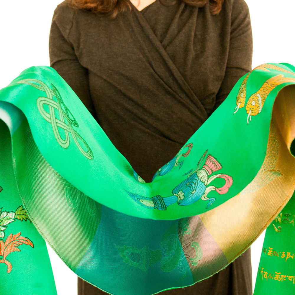 Luxurious Green Khata aka Jeldar, a traditional ceremonial scarf made from silk, size 240 x 50 cm, Green