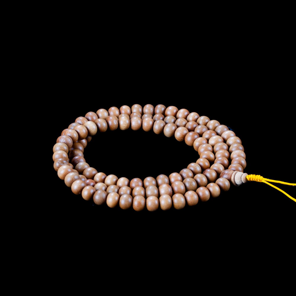 Traditional Tibetan 108-beads Mala, made from white sandalwood | Diameter — 8.0 mm | Buddhist malas collection, Yellow string