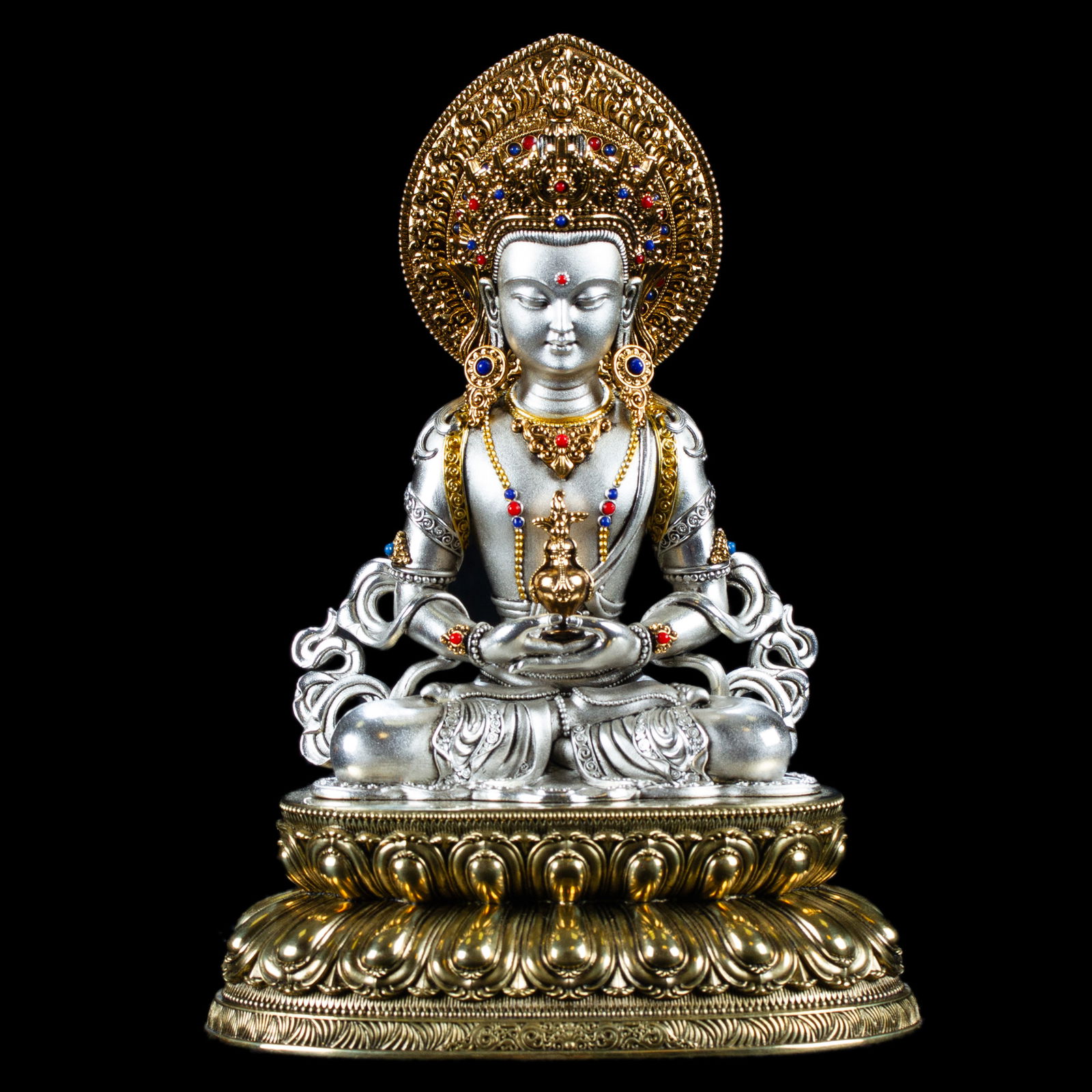 Statue of Amitayus (Buddha of Longevity, Tsepame) | Silver Plated, height 16.5 cm. 