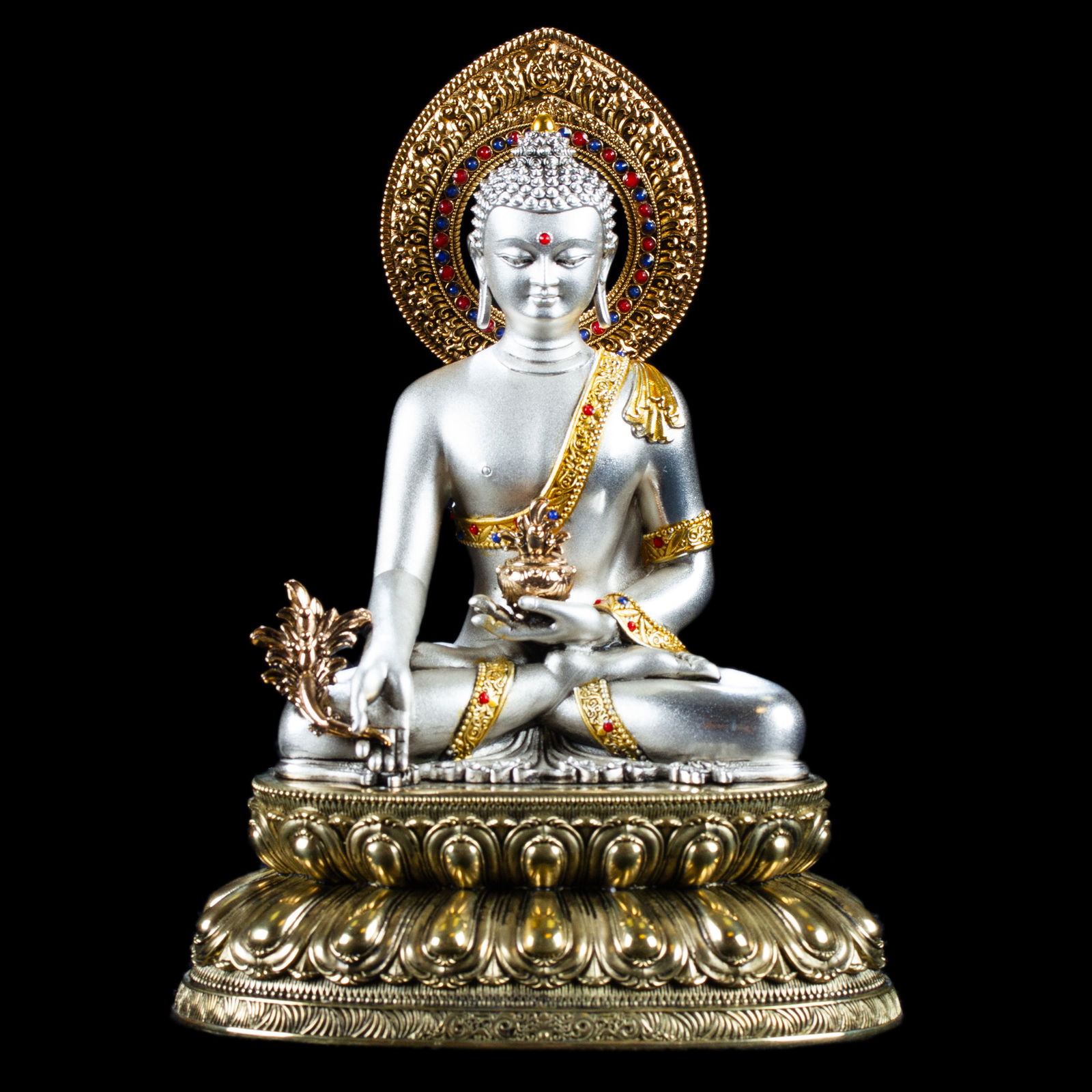 Statue of Medicine Buddha (Menla, Bhaisajyaguru, "the Healer God") | Silver Plated, height 16.5 cm. 