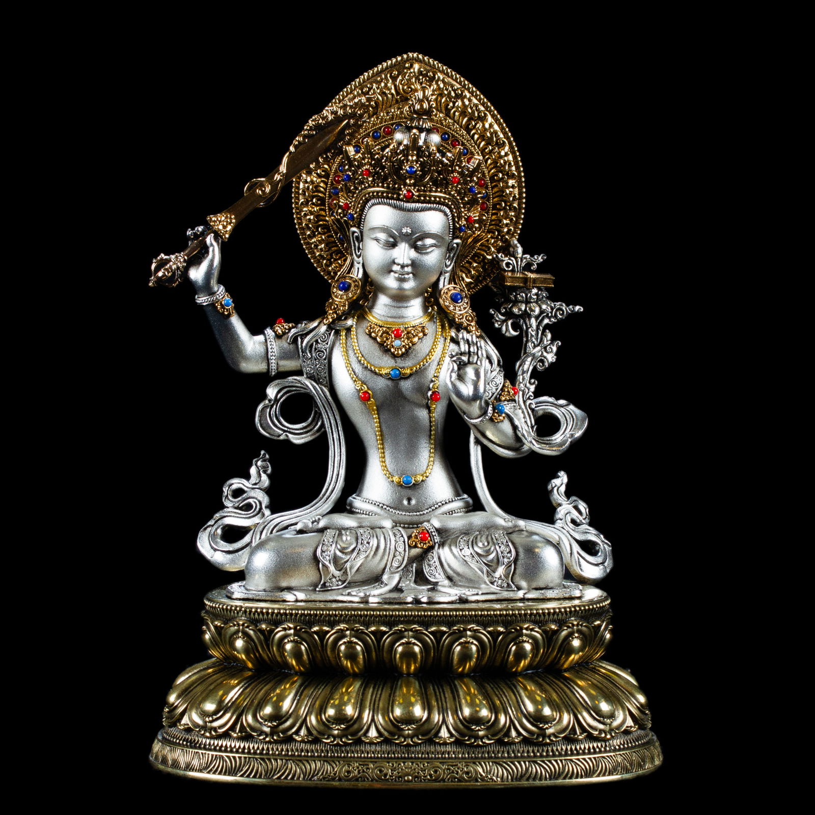 Statue of Bodhisattva of Wisdom Manjushree (Jampel) | Silver Plated, height 16.5 cm. 