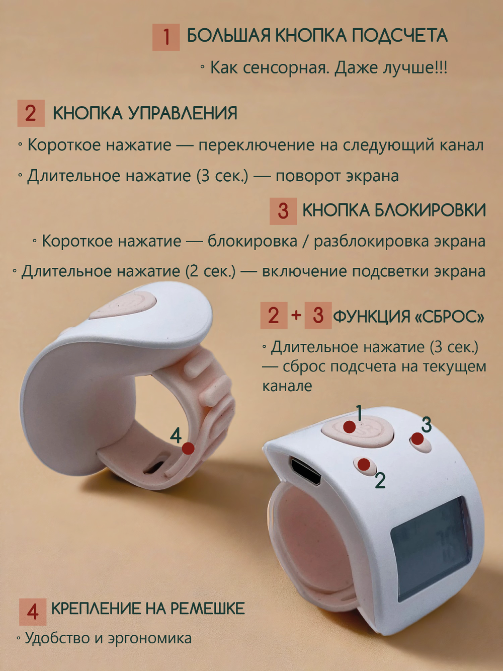 Электронный счетчик на палец для подсчета молитв и рядов "Розовый“